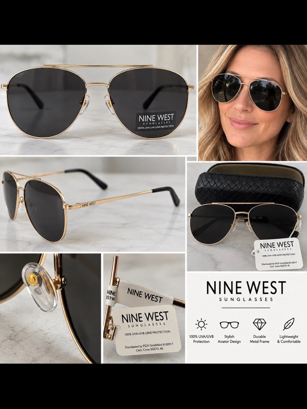Nine West Women’s Aviator Sunglasses Gold Tone Dark Lens 100% UVA UVB